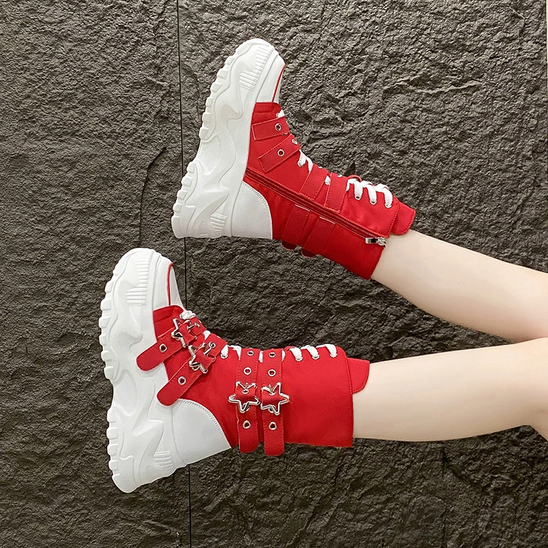 Women's Platform Boots New Round Head Belt Buckle Locomotive Boots European and American Thick-soled Boots for Women Botas Mujer