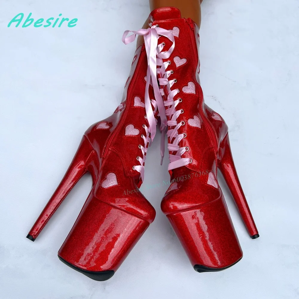 Bling Pink Heart-Shaped High Platform Knee High Boots Round Toe Thin Heels Shoes for Women Side Zipper Lace-Up Sweet Cool Shoes