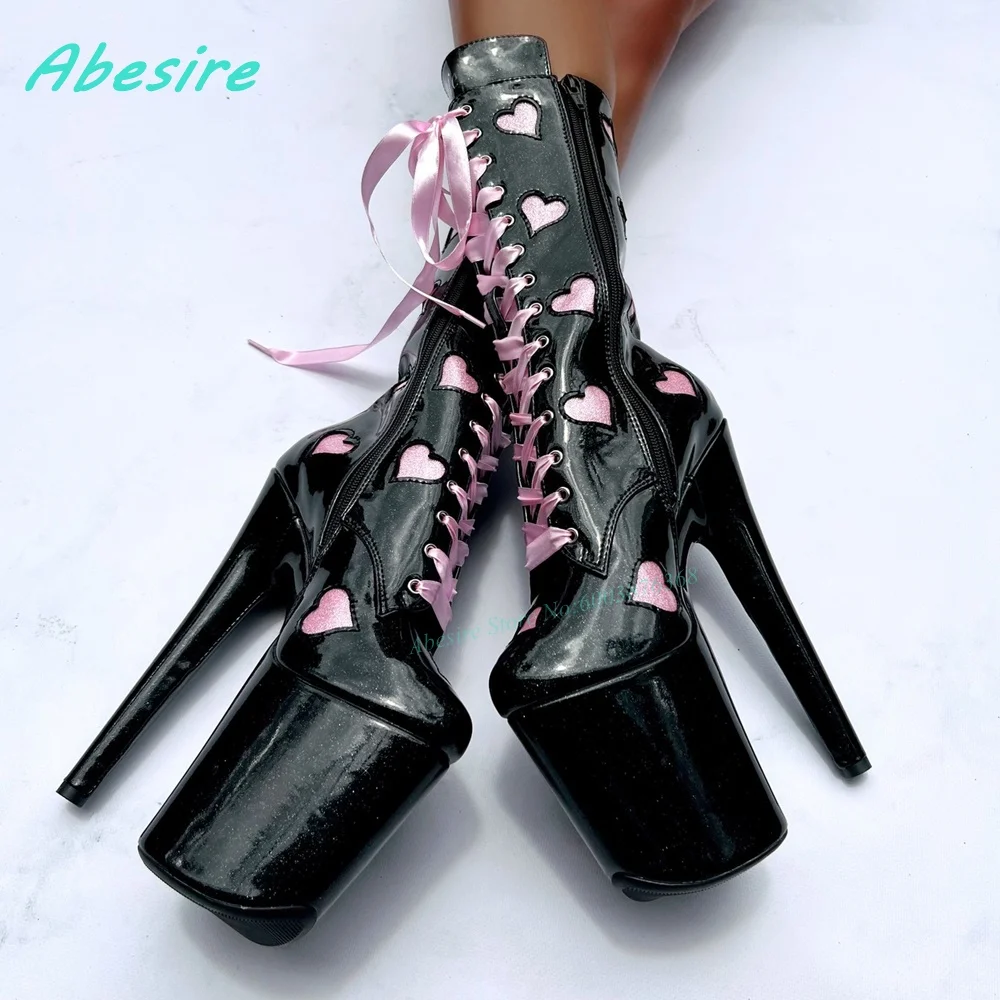 Bling Pink Heart-Shaped High Platform Knee High Boots Round Toe Thin Heels Shoes for Women Side Zipper Lace-Up Sweet Cool Shoes