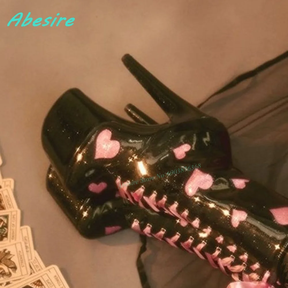 Bling Pink Heart-Shaped High Platform Knee High Boots Round Toe Thin Heels Shoes for Women Side Zipper Lace-Up Sweet Cool Shoes