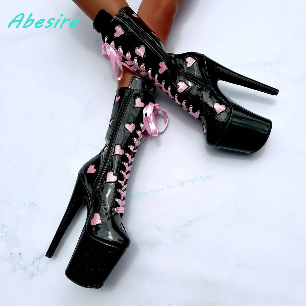 Bling Pink Heart-Shaped High Platform Knee High Boots Round Toe Thin Heels Shoes for Women Side Zipper Lace-Up Sweet Cool Shoes