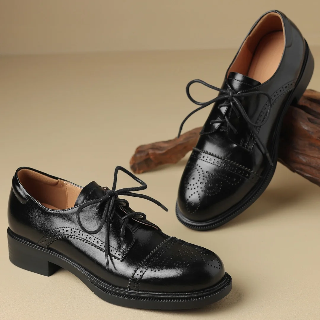 Women's cow leather carving British style lace-up flats oxfords round toe high quality soft comfortable casual female daily shoe