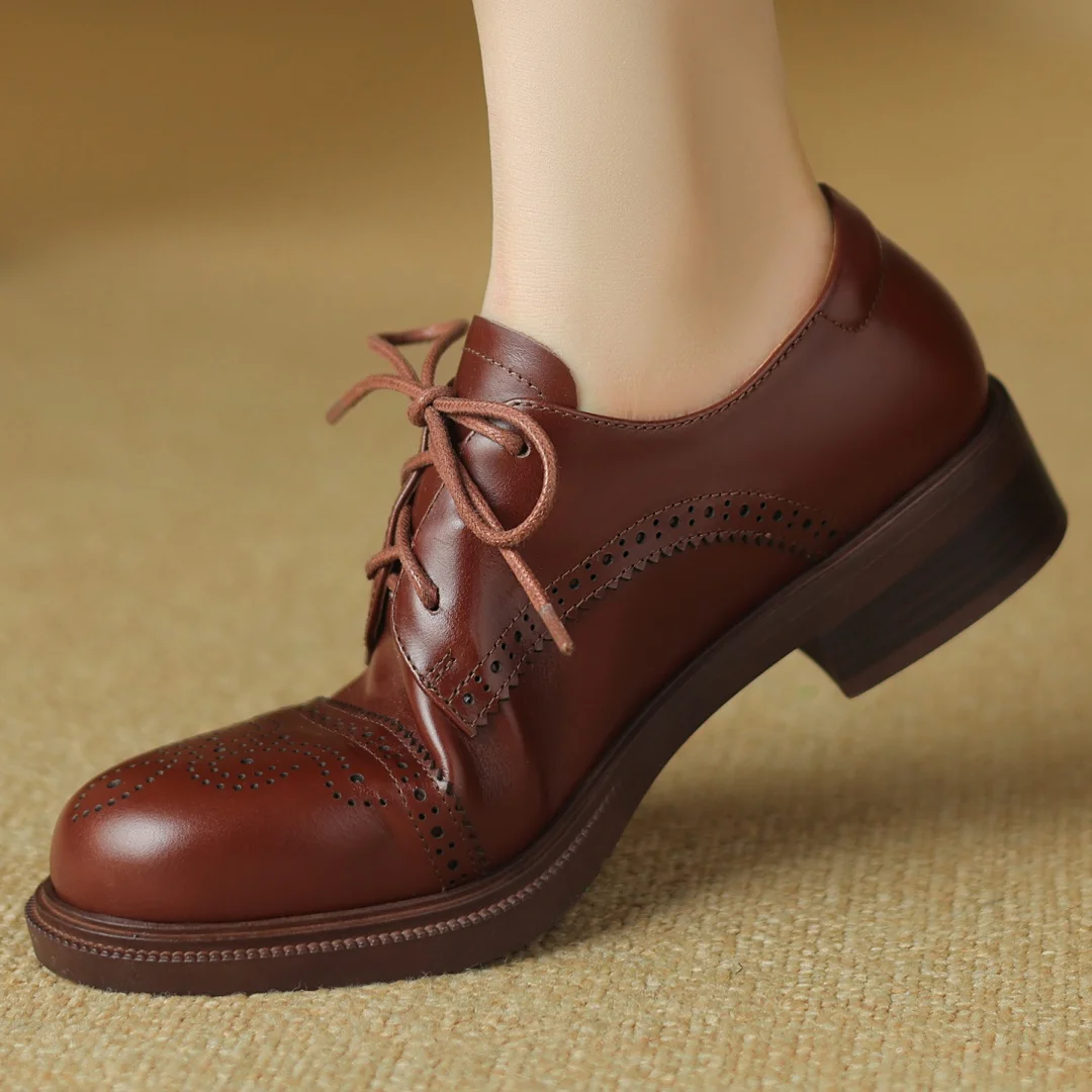 Women's cow leather carving British style lace-up flats oxfords round toe high quality soft comfortable casual female daily shoe