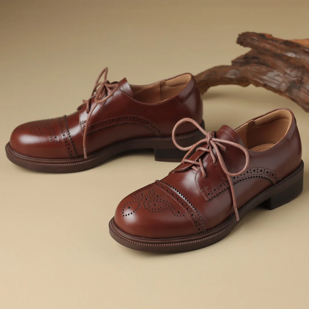 Women's cow leather carving British style lace-up flats oxfords round toe high quality soft comfortable casual female daily shoe