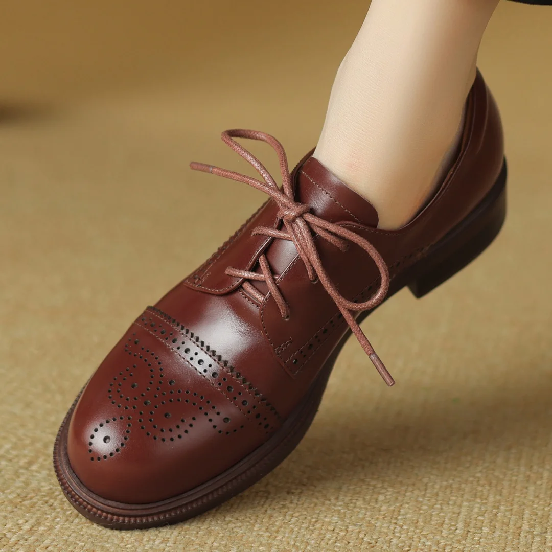 Women's cow leather carving British style lace-up flats oxfords round toe high quality soft comfortable casual female daily shoe