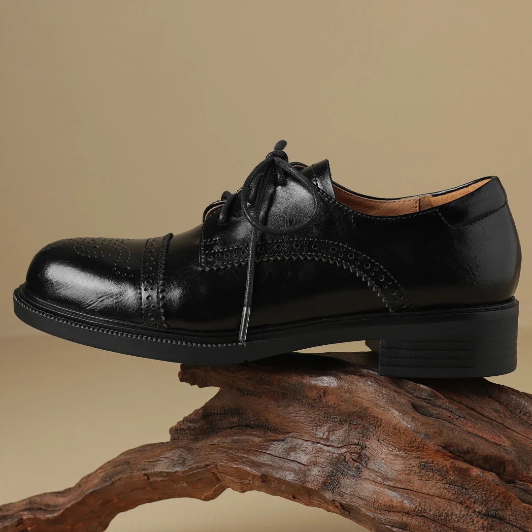 Women's cow leather carving British style lace-up flats oxfords round toe high quality soft comfortable casual female daily shoe