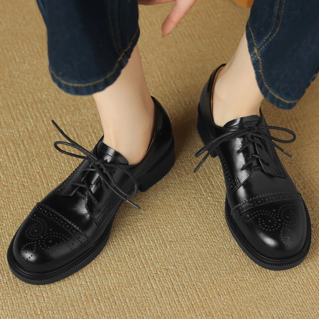 Women's cow leather carving British style lace-up flats oxfords round toe high quality soft comfortable casual female daily shoe