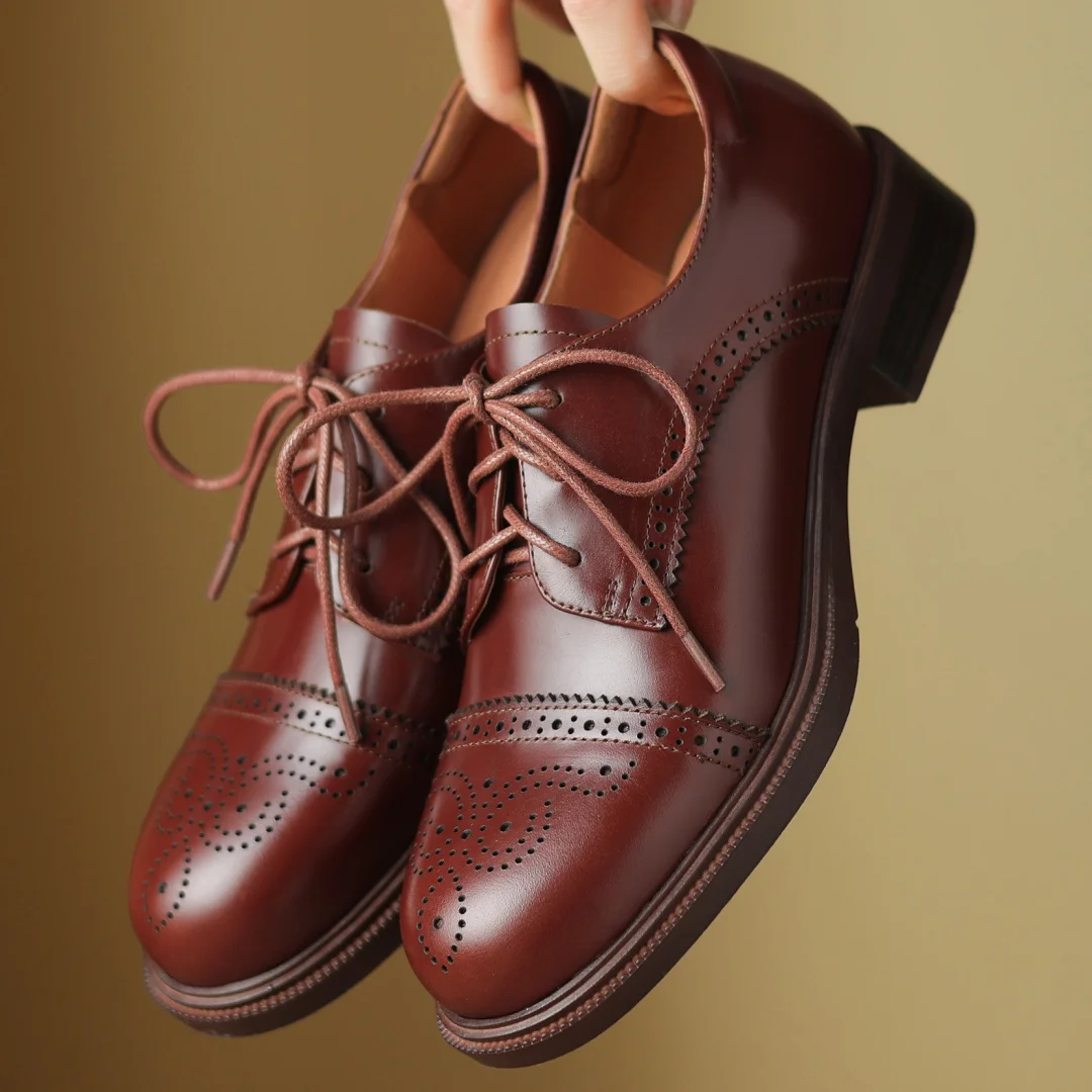 Women's cow leather carving British style lace-up flats oxfords round toe high quality soft comfortable casual female daily shoe