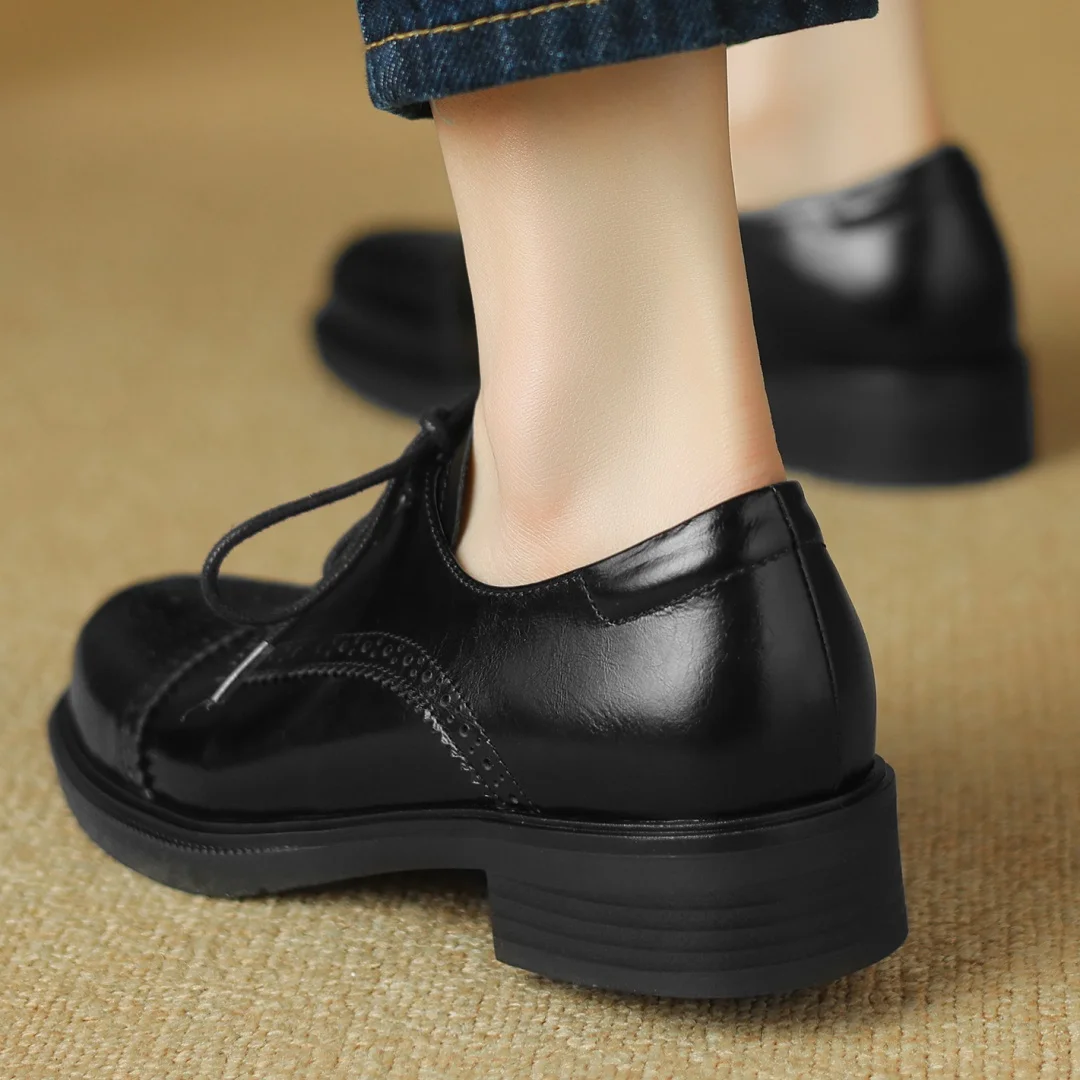 Women's cow leather carving British style lace-up flats oxfords round toe high quality soft comfortable casual female daily shoe