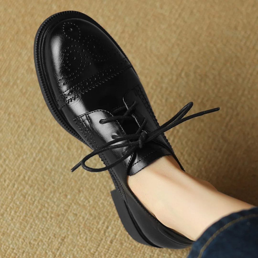 Women's cow leather carving British style lace-up flats oxfords round toe high quality soft comfortable casual female daily shoe