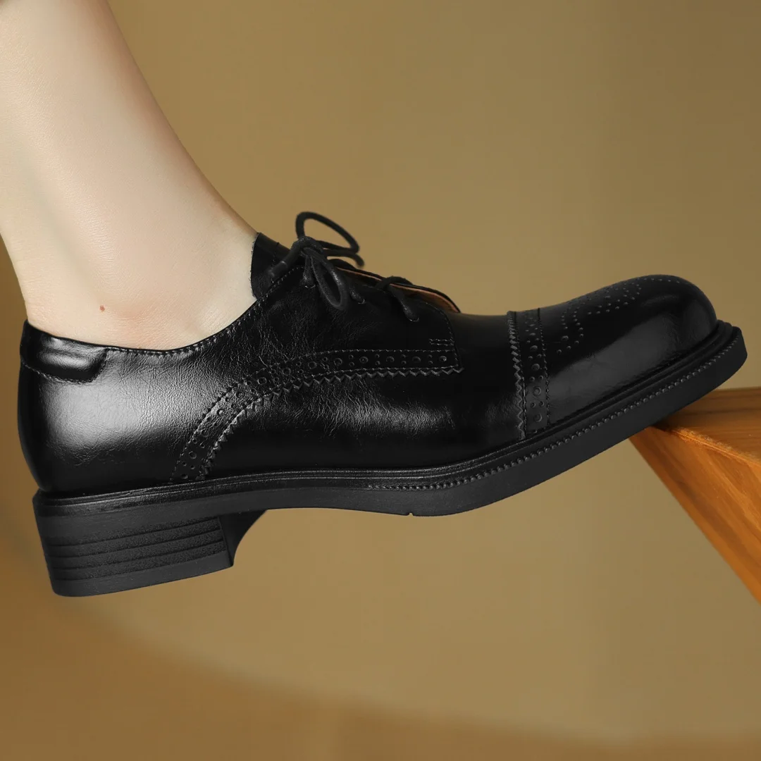 Women's cow leather carving British style lace-up flats oxfords round toe high quality soft comfortable casual female daily shoe
