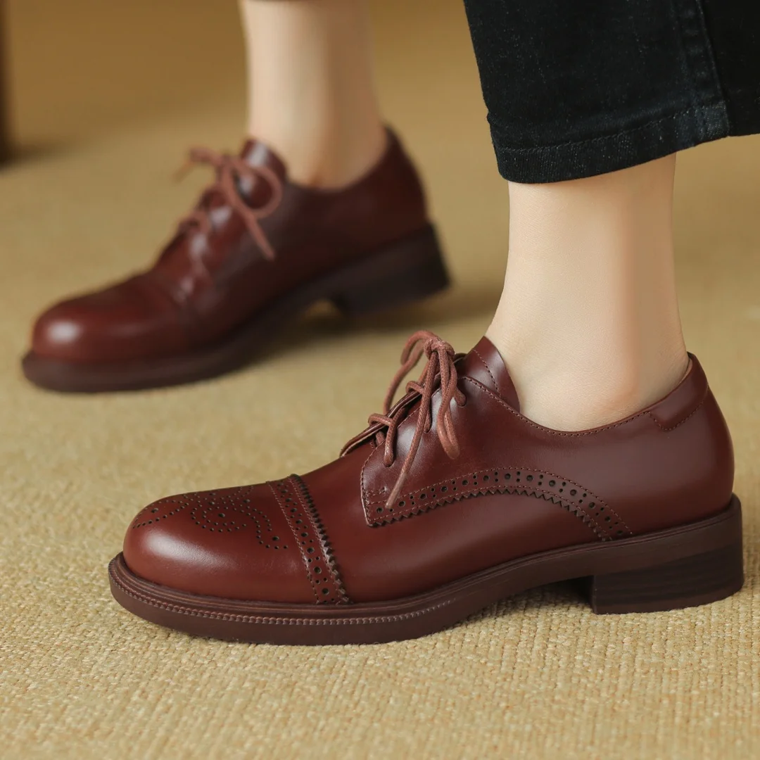 Women's cow leather carving British style lace-up flats oxfords round toe high quality soft comfortable casual female daily shoe