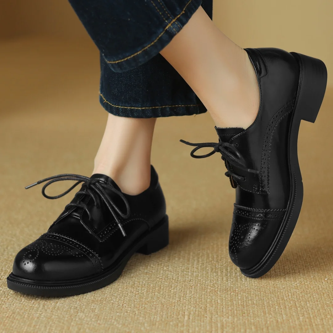 Women's cow leather carving British style lace-up flats oxfords round toe high quality soft comfortable casual female daily shoe