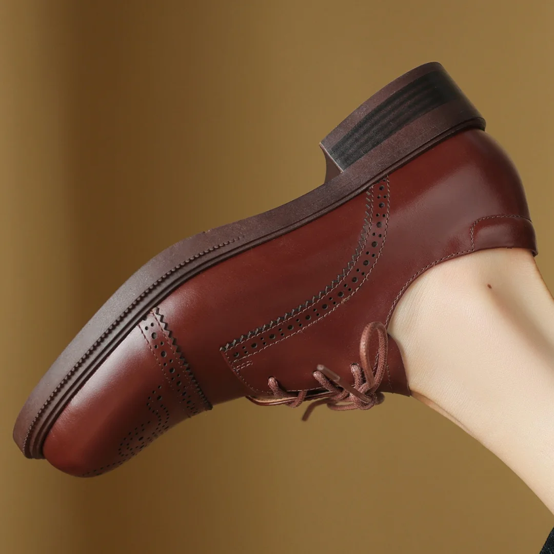 Women's cow leather carving British style lace-up flats oxfords round toe high quality soft comfortable casual female daily shoe