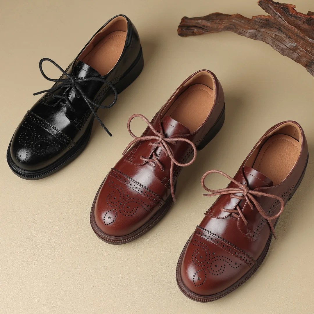 Women's cow leather carving British style lace-up flats oxfords round toe high quality soft comfortable casual female daily shoe
