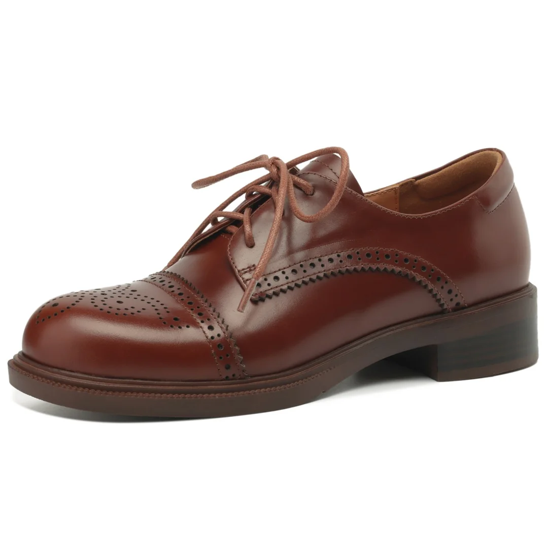 Women's cow leather carving British style lace-up flats oxfords round toe high quality soft comfortable casual female daily shoe