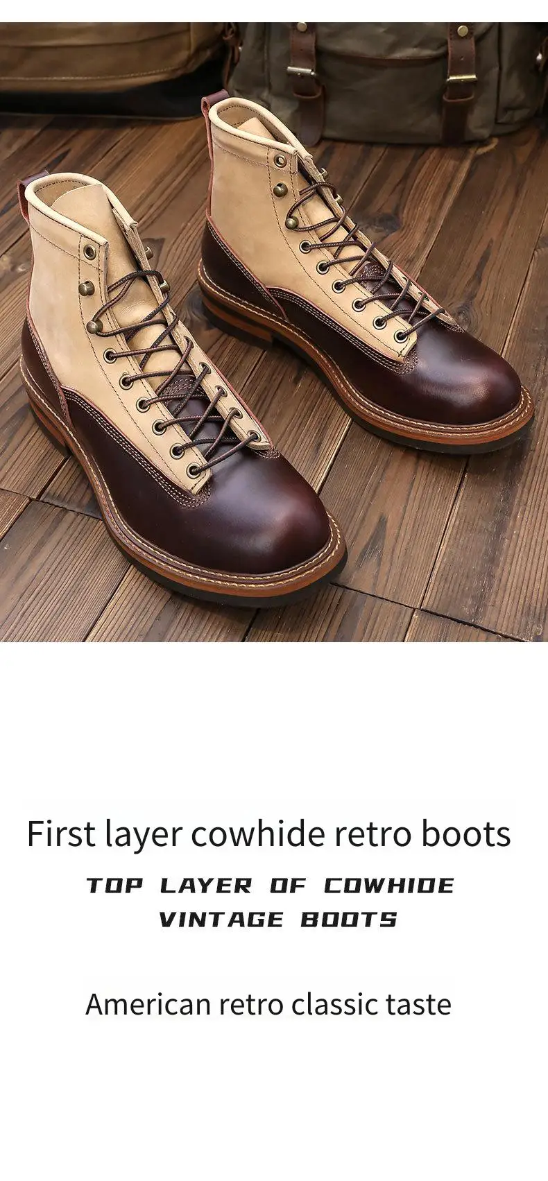 Men's Spring Color Block Combat Boots, Black High Top Two-Tone Work Boots, British Mid-Calf Military Style Lace Up