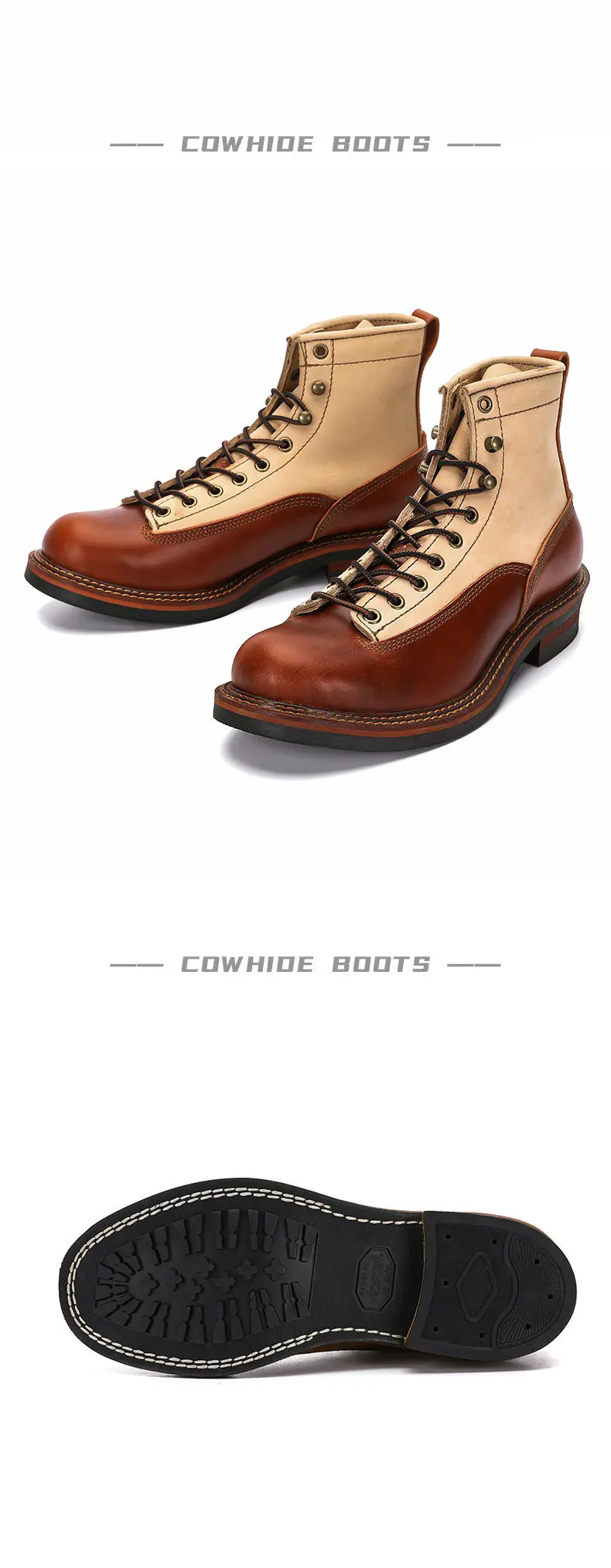 Men's Spring Color Block Combat Boots, Black High Top Two-Tone Work Boots, British Mid-Calf Military Style Lace Up