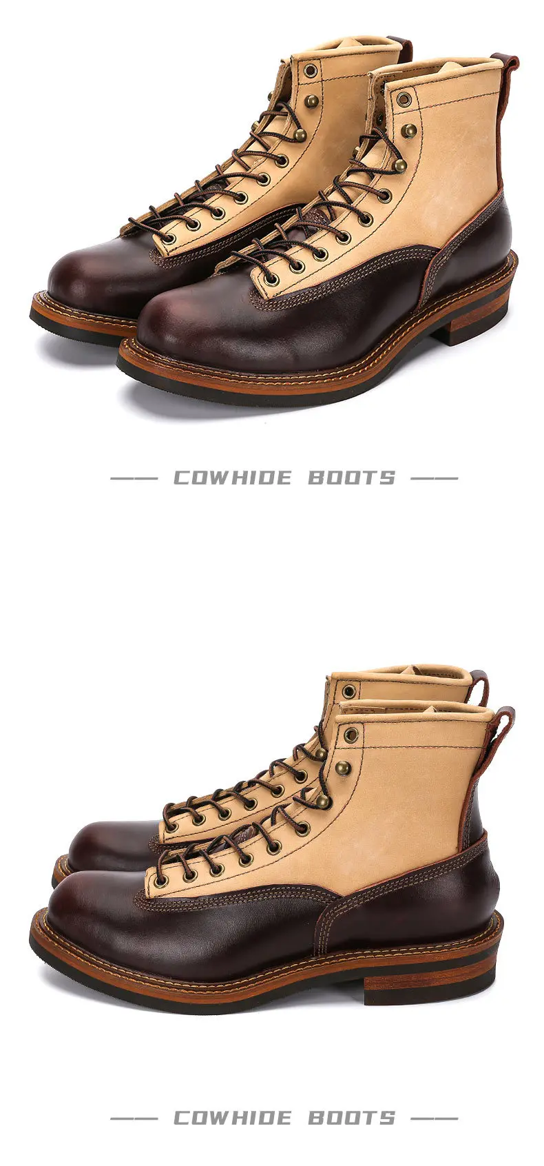 Men's Spring Color Block Combat Boots, Black High Top Two-Tone Work Boots, British Mid-Calf Military Style Lace Up