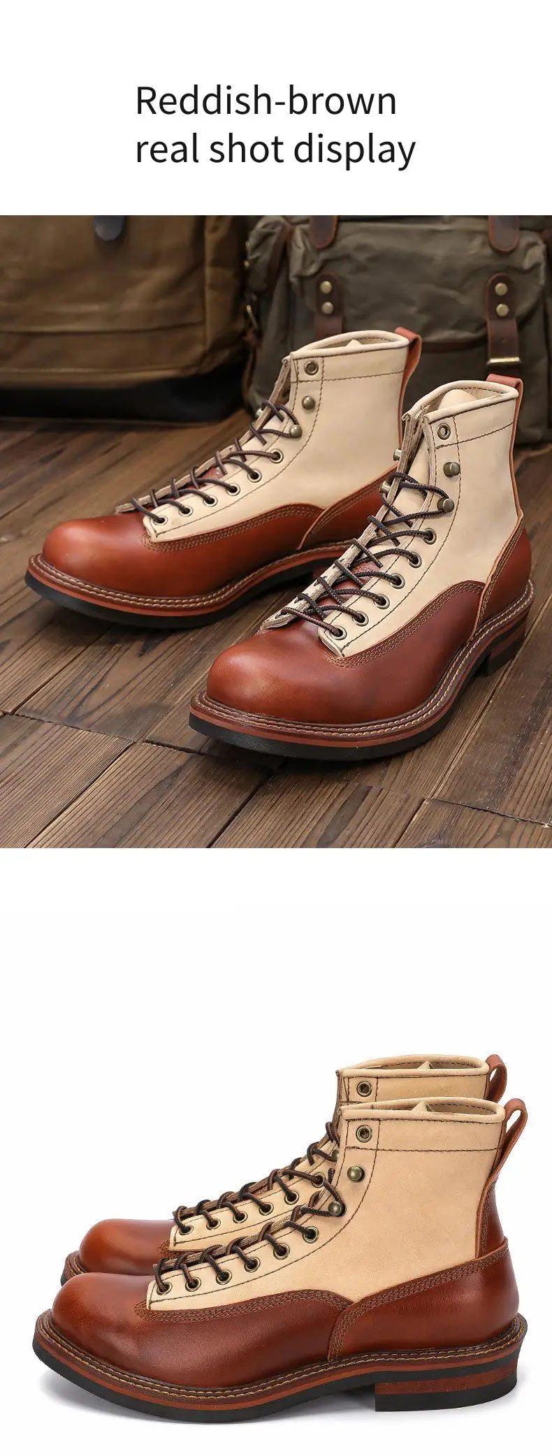 Men's Spring Color Block Combat Boots, Black High Top Two-Tone Work Boots, British Mid-Calf Military Style Lace Up