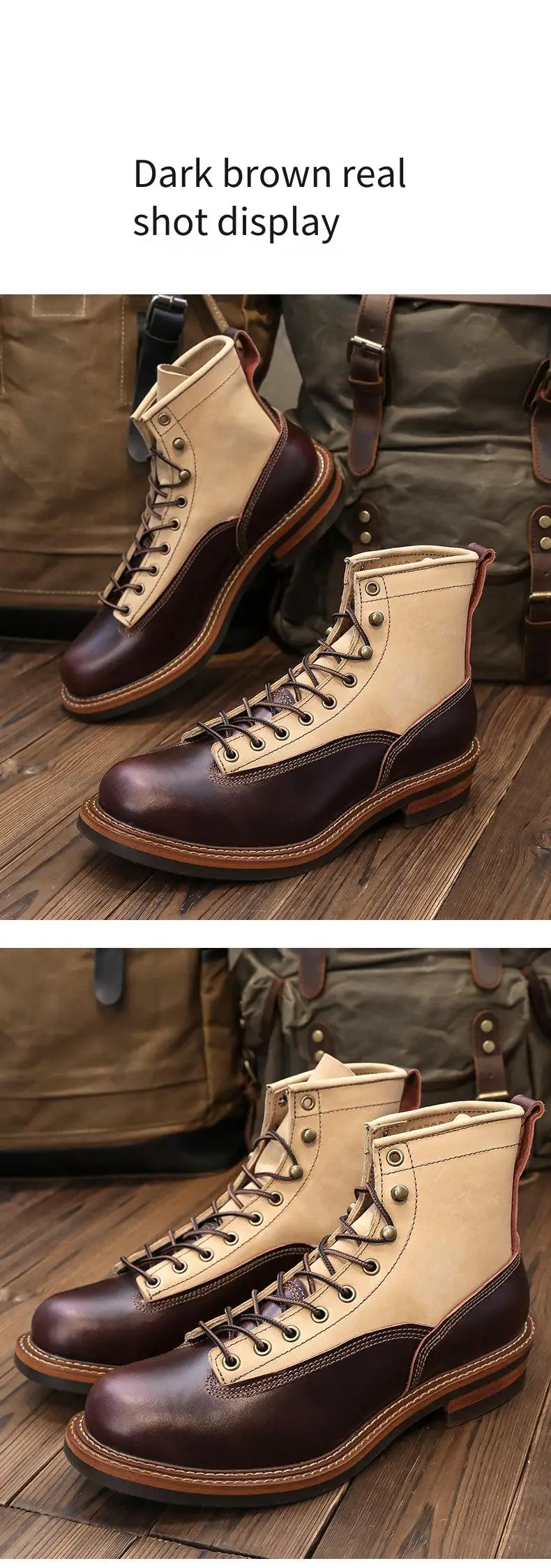 Men's Spring Color Block Combat Boots, Black High Top Two-Tone Work Boots, British Mid-Calf Military Style Lace Up