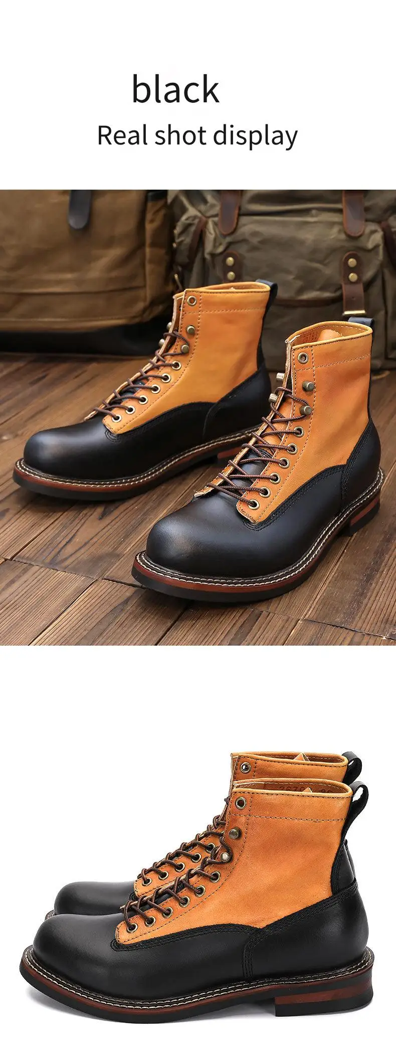 Men's Spring Color Block Combat Boots, Black High Top Two-Tone Work Boots, British Mid-Calf Military Style Lace Up