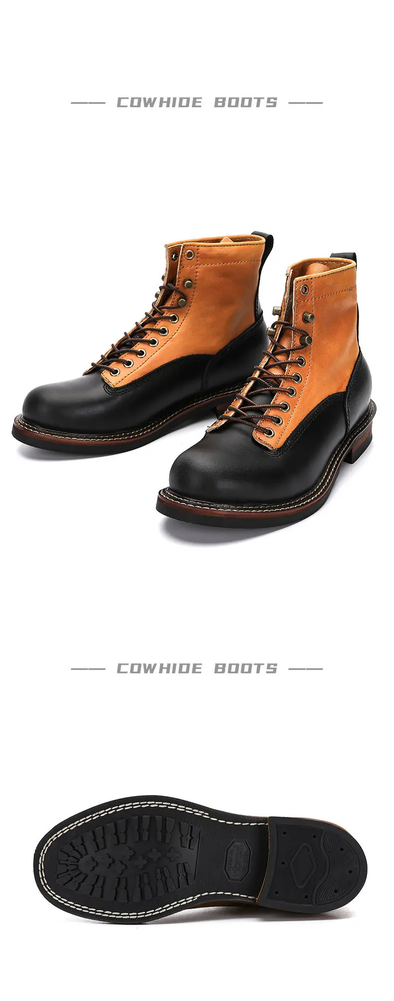 Men's Spring Color Block Combat Boots, Black High Top Two-Tone Work Boots, British Mid-Calf Military Style Lace Up