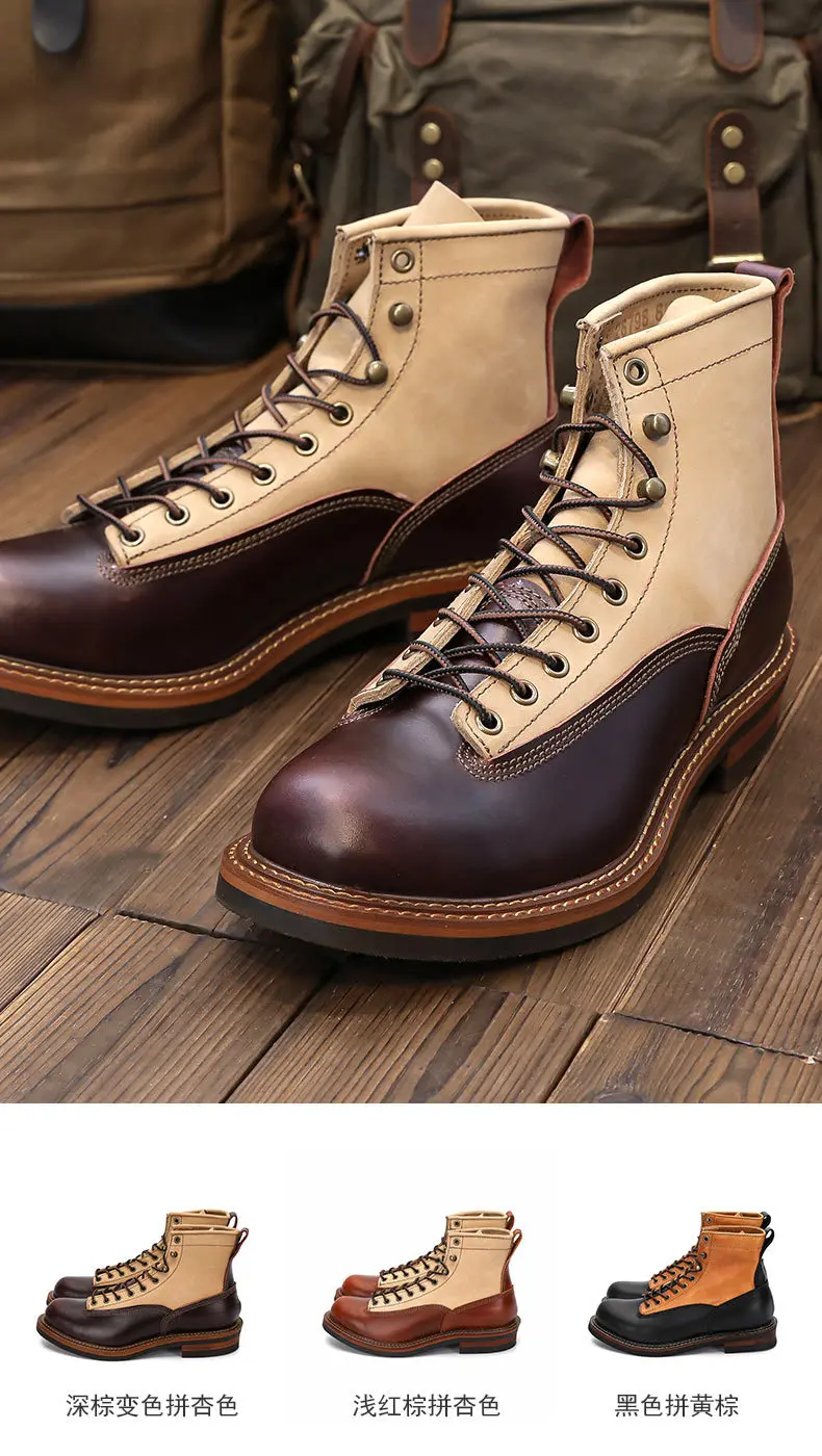Men's Spring Color Block Combat Boots, Black High Top Two-Tone Work Boots, British Mid-Calf Military Style Lace Up