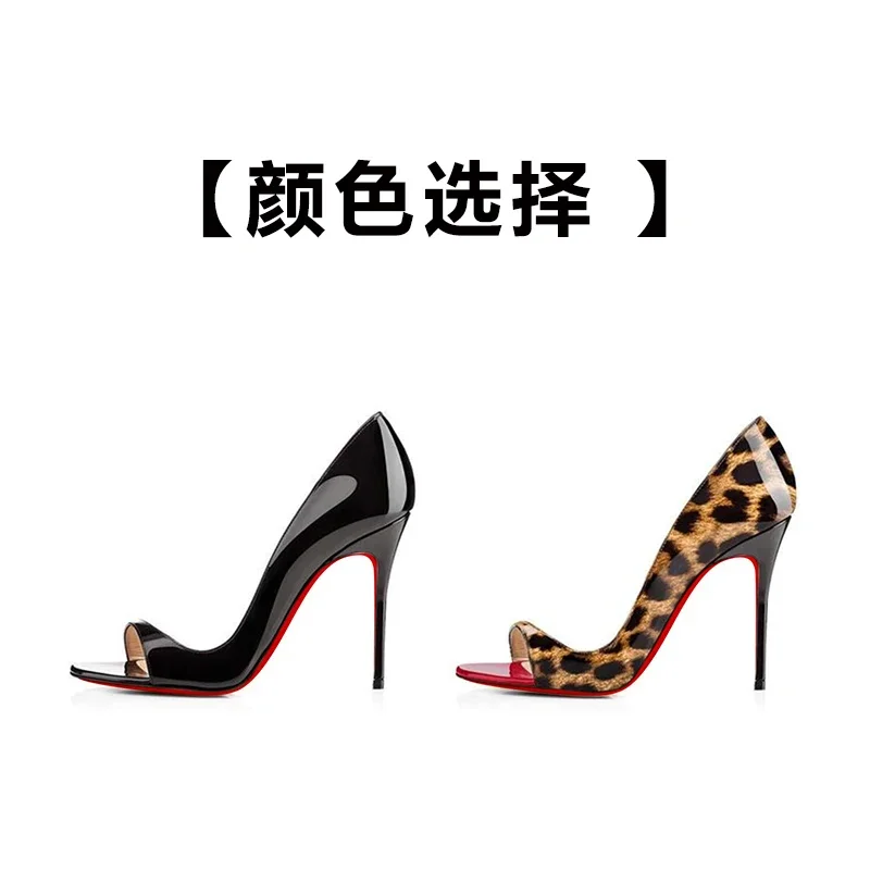 New European and American 12cm sexy black super high heels, side empty fish mouth sandals, fine order shoes 33-46
