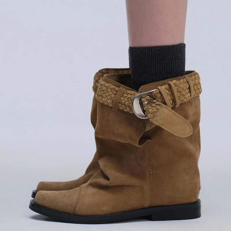 Eilyken Fashion Vintage Style Low Heels Ankle Boots Woman Round Toe Shoes Designer Weave Belt Buckle Modern Booties