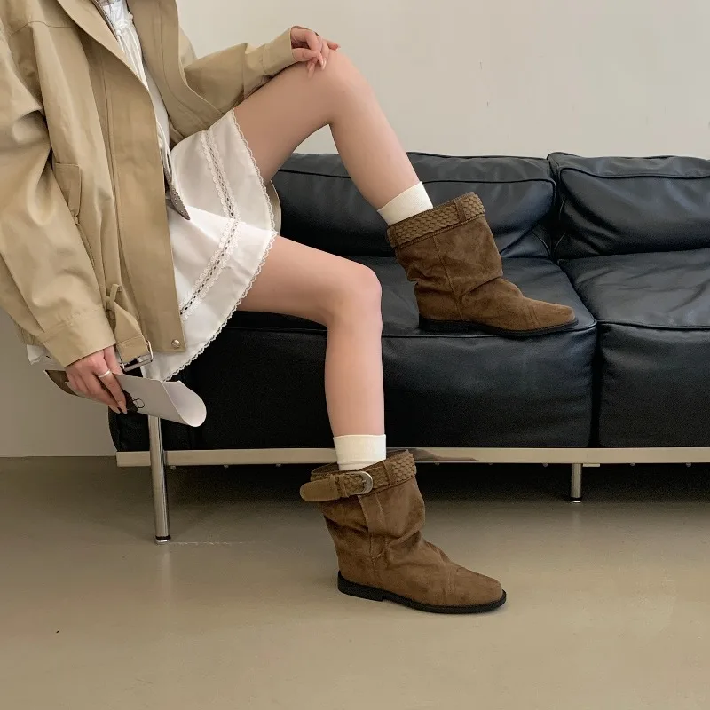 Eilyken Fashion Vintage Style Low Heels Ankle Boots Woman Round Toe Shoes Designer Weave Belt Buckle Modern Booties