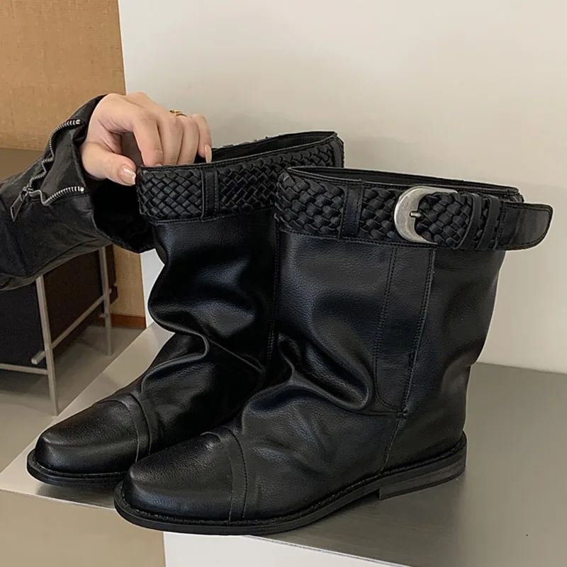 Eilyken Fashion Vintage Style Low Heels Ankle Boots Woman Round Toe Shoes Designer Weave Belt Buckle Modern Booties