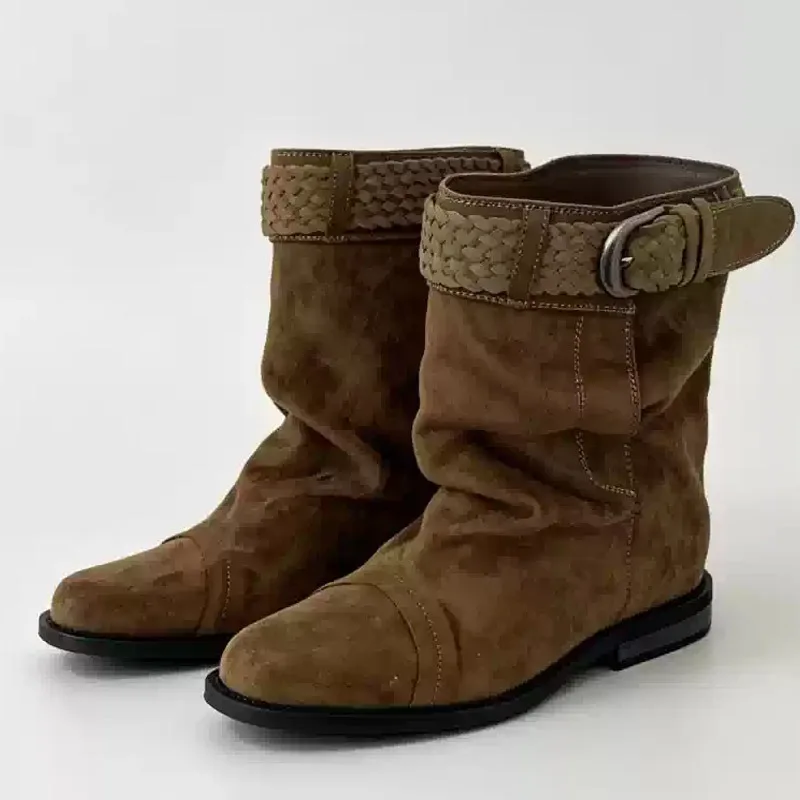 Eilyken Fashion Vintage Style Low Heels Ankle Boots Woman Round Toe Shoes Designer Weave Belt Buckle Modern Booties