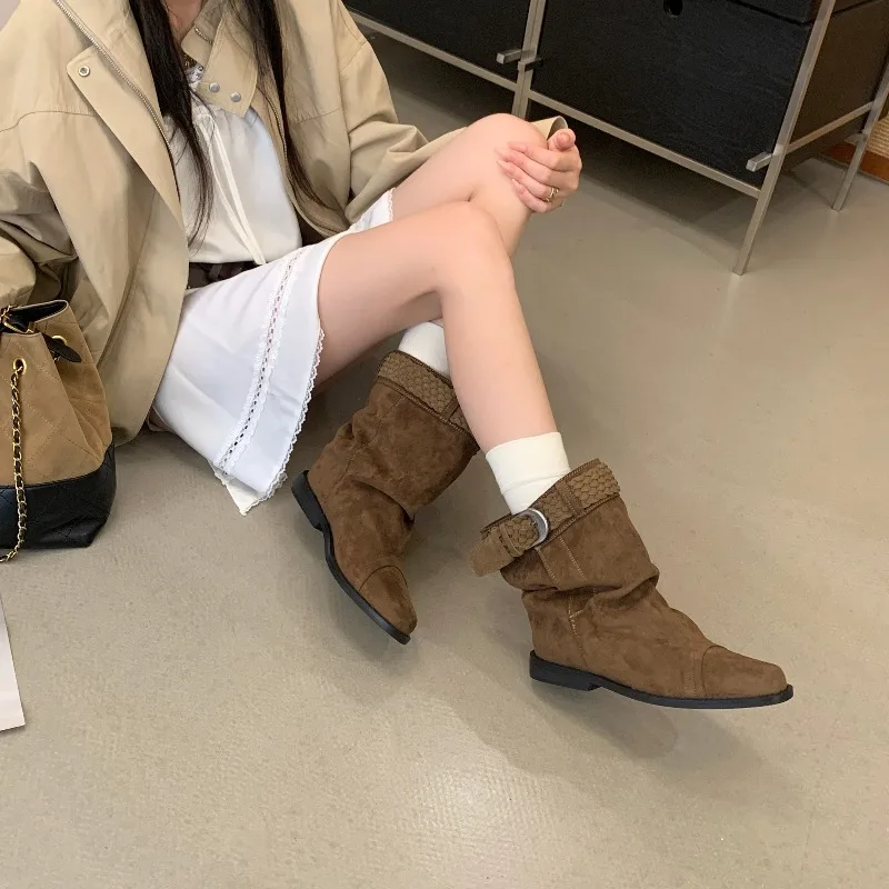 Eilyken Fashion Vintage Style Low Heels Ankle Boots Woman Round Toe Shoes Designer Weave Belt Buckle Modern Booties
