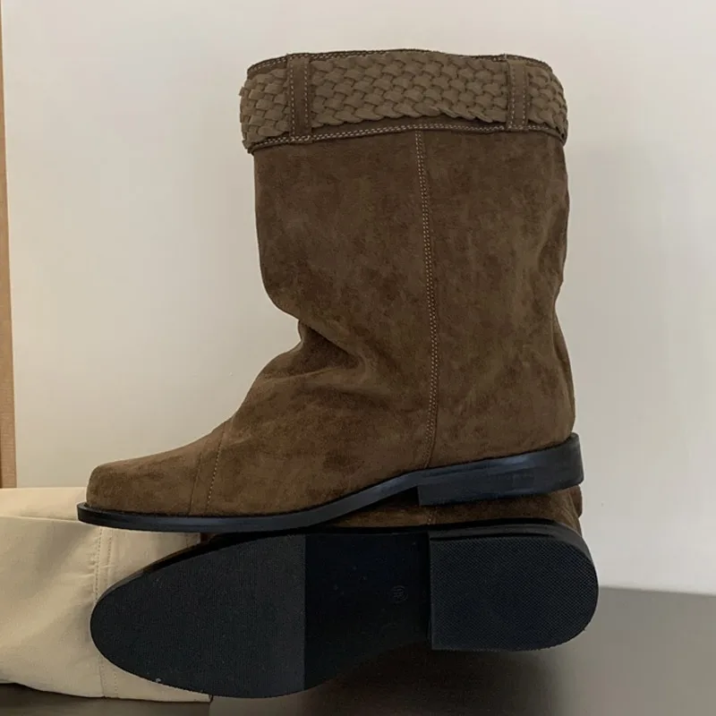 Eilyken Fashion Vintage Style Low Heels Ankle Boots Woman Round Toe Shoes Designer Weave Belt Buckle Modern Booties