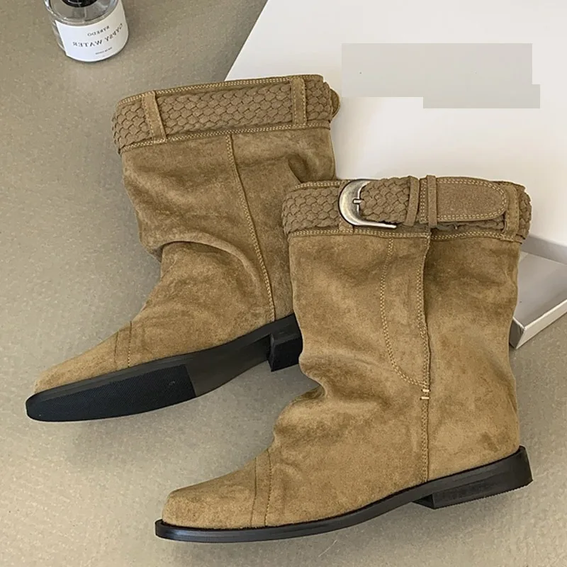 Eilyken Fashion Vintage Style Low Heels Ankle Boots Woman Round Toe Shoes Designer Weave Belt Buckle Modern Booties