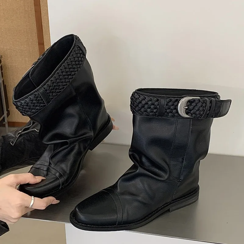 Eilyken Fashion Vintage Style Low Heels Ankle Boots Woman Round Toe Shoes Designer Weave Belt Buckle Modern Booties