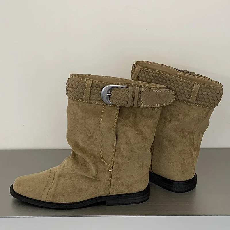 Eilyken Fashion Vintage Style Low Heels Ankle Boots Woman Round Toe Shoes Designer Weave Belt Buckle Modern Booties