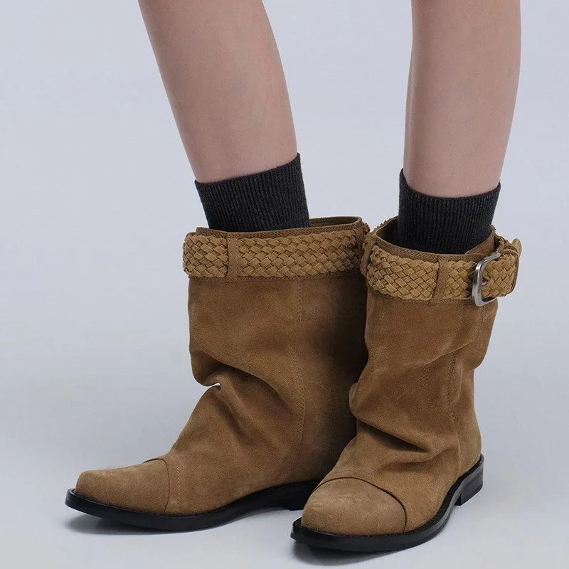 Eilyken Fashion Vintage Style Low Heels Ankle Boots Woman Round Toe Shoes Designer Weave Belt Buckle Modern Booties