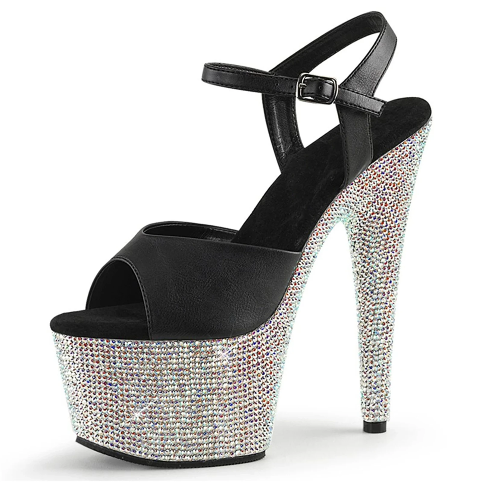 17CM Crystal Galaxy Heels - Transparent Platform Stilettos w/ 200+ Rhinestones & Adjustable Ankle Strap for Stage Performances