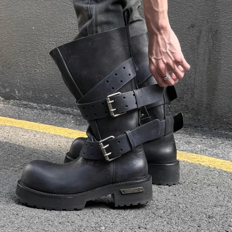 Dark Style Knight Boots for Men's and Women's Belt Buckles Upturned Motorcycle Boots Retro Long Boots Mid Tube Combat Boots