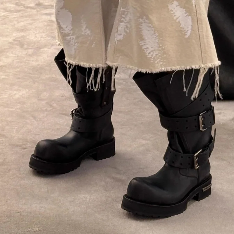 Dark Style Knight Boots for Men's and Women's Belt Buckles Upturned Motorcycle Boots Retro Long Boots Mid Tube Combat Boots
