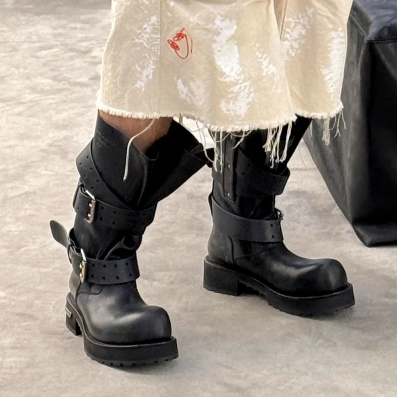 Dark Style Knight Boots for Men's and Women's Belt Buckles Upturned Motorcycle Boots Retro Long Boots Mid Tube Combat Boots