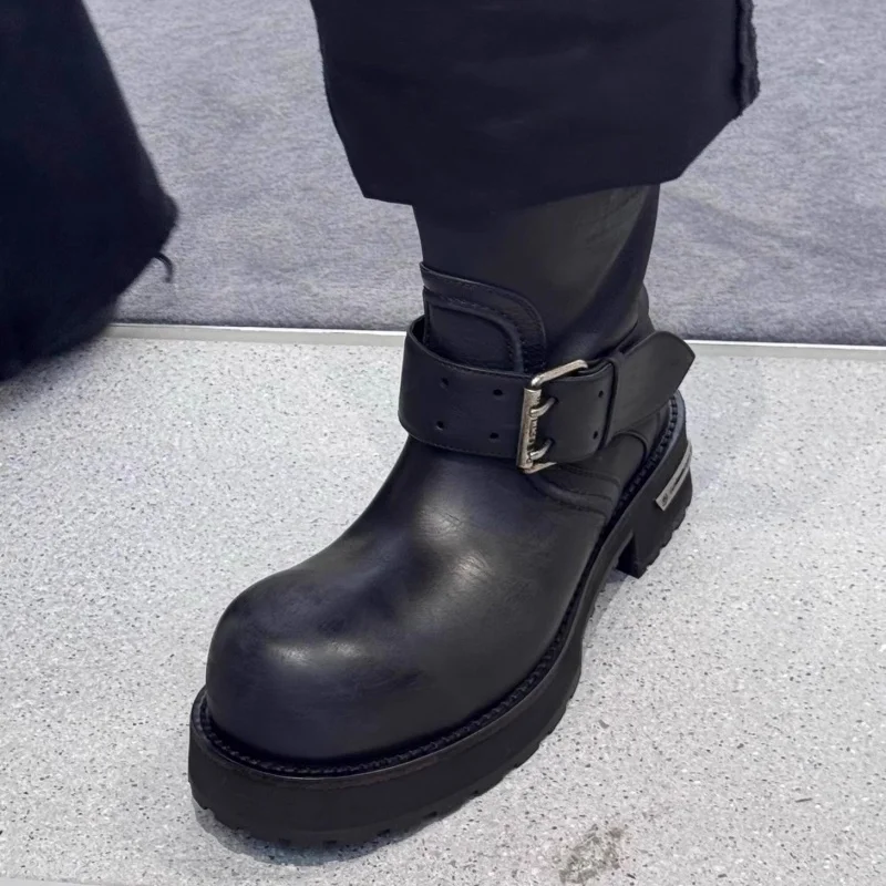 Dark Style Knight Boots for Men's and Women's Belt Buckles Upturned Motorcycle Boots Retro Long Boots Mid Tube Combat Boots