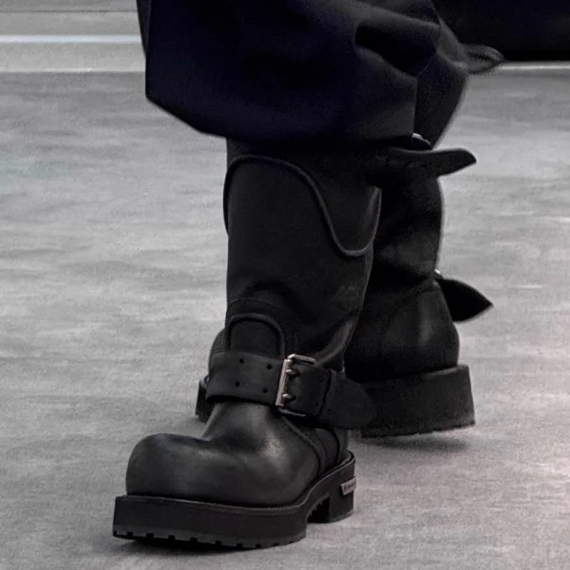 Dark Style Knight Boots for Men's and Women's Belt Buckles Upturned Motorcycle Boots Retro Long Boots Mid Tube Combat Boots