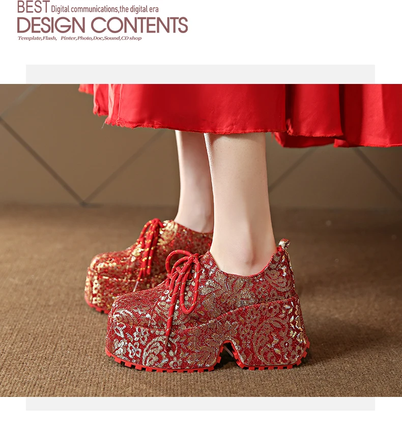 2026 New Ethnic Embroidery Single Shoes Red Ethnic Style Banquet Shoes Luxury Thick Soled Women's Height Increasing Shoes