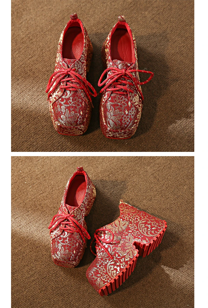 2026 New Ethnic Embroidery Single Shoes Red Ethnic Style Banquet Shoes Luxury Thick Soled Women's Height Increasing Shoes