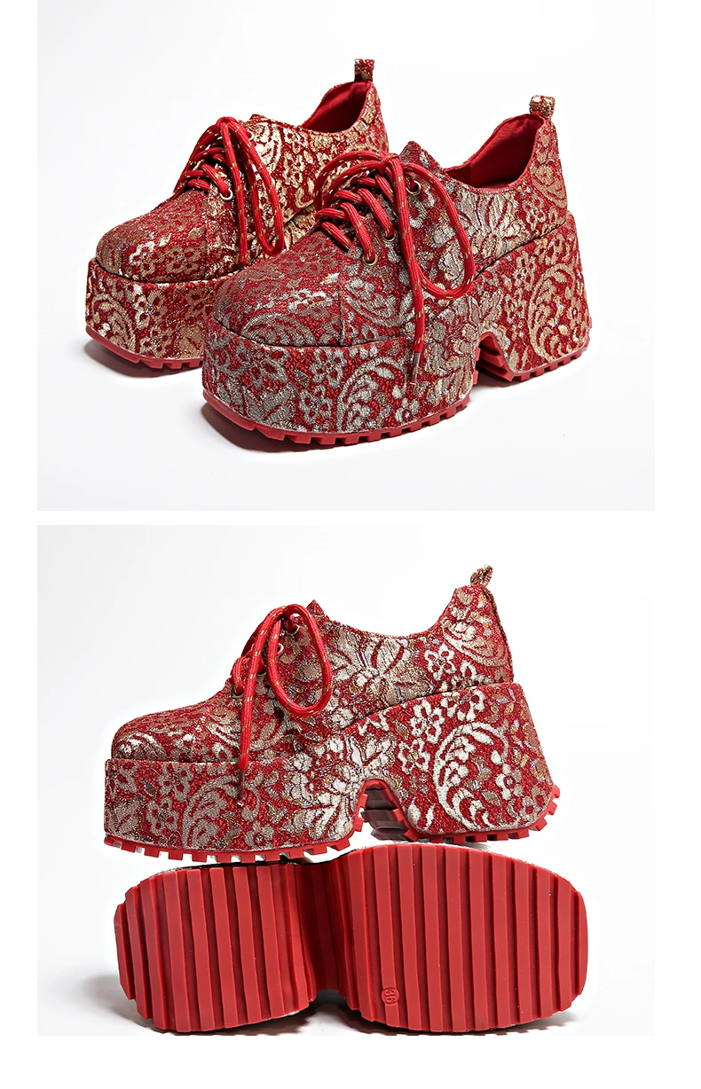 2026 New Ethnic Embroidery Single Shoes Red Ethnic Style Banquet Shoes Luxury Thick Soled Women's Height Increasing Shoes