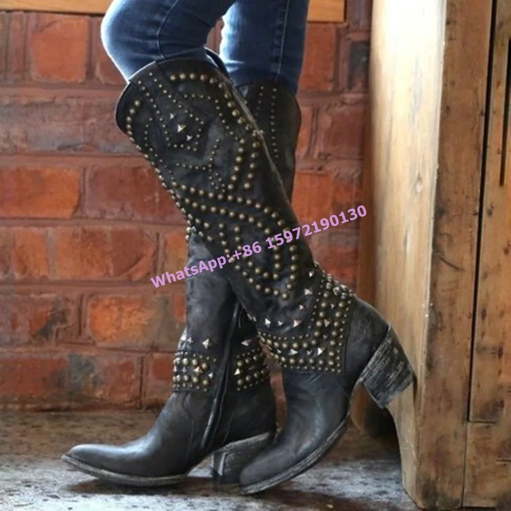 Rivet Knight Boots Cowgirls Round Toe Chunky Heels Zipper Knee High Boots Retro Cowgirls West Style Hotties Distress Boots 2025