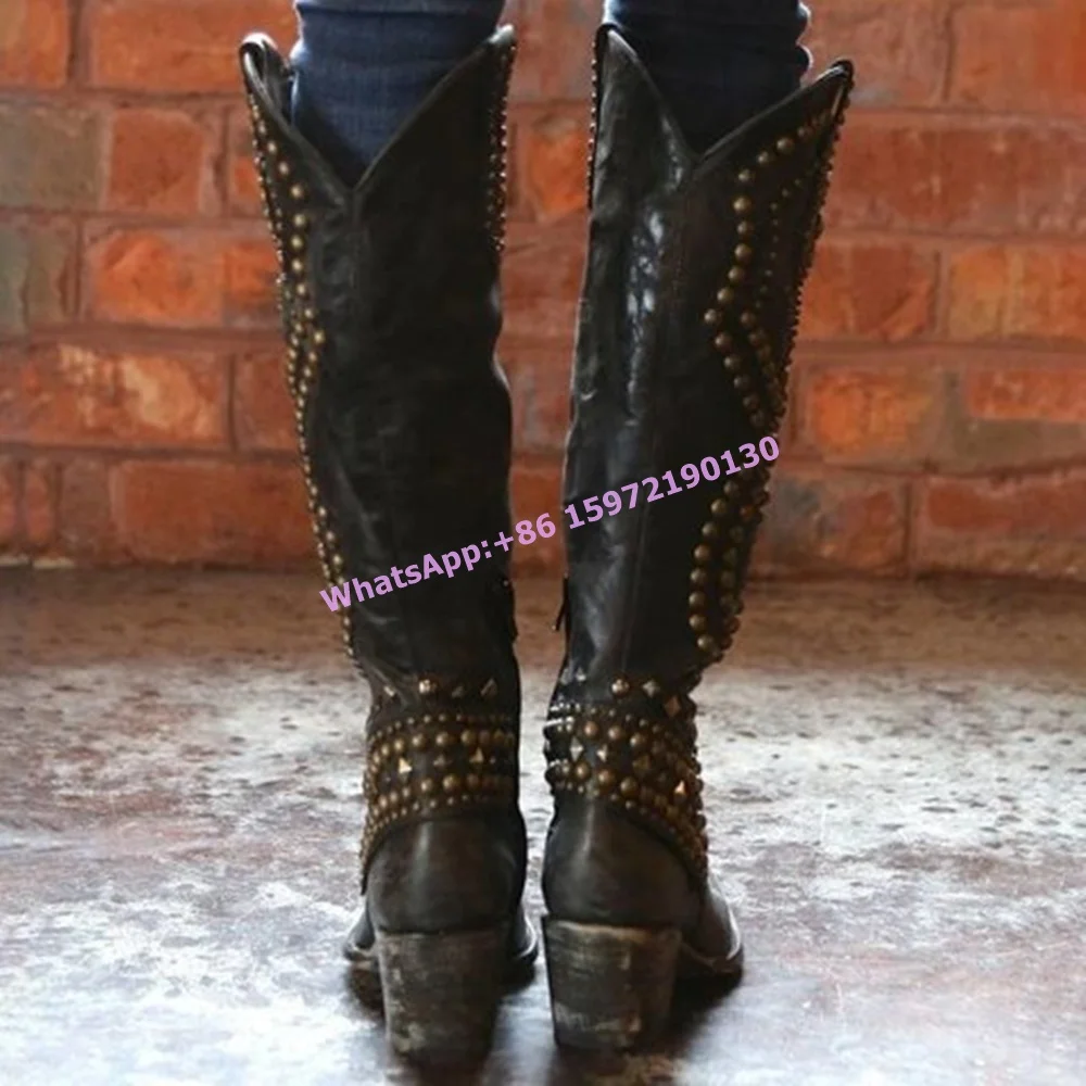 Rivet Knight Boots Cowgirls Round Toe Chunky Heels Zipper Knee High Boots Retro Cowgirls West Style Hotties Distress Boots 2025